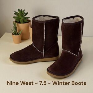 Nine West Brown Suede Fur-Lined Winter Boots 7.5 | Slip-Resistant Cozy UGG Style